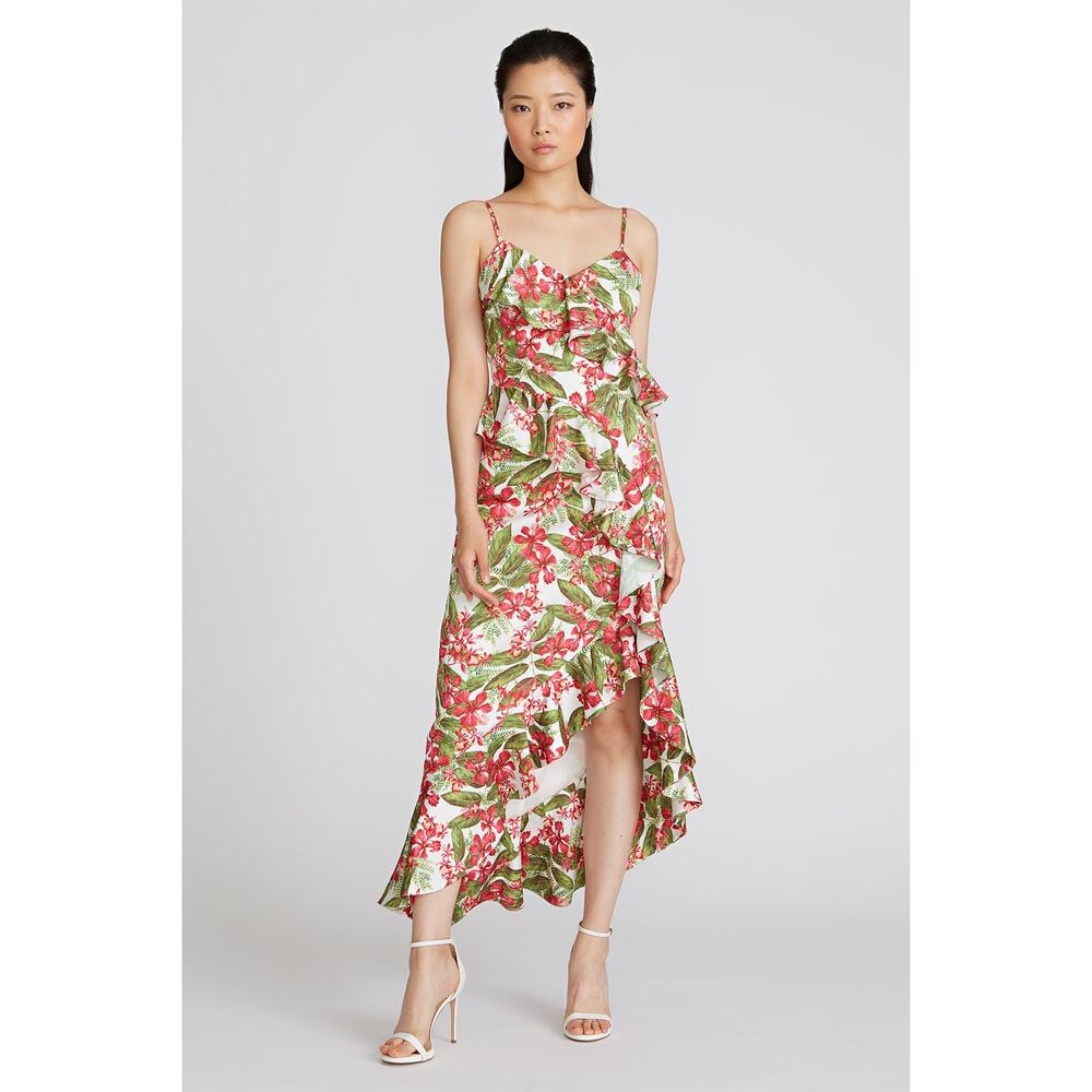 AMUR Deborah Tropical Floral High Low Ruffle Midi Dress Scarlett Size 6